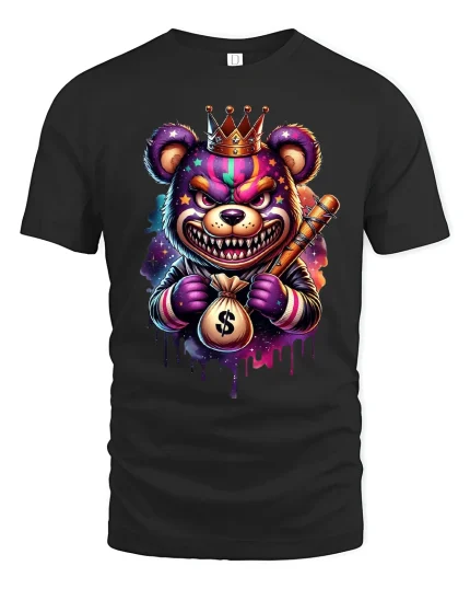 Gangster Bear King Money Bag Streetwear Graphic Tee - black t-shirt on white background