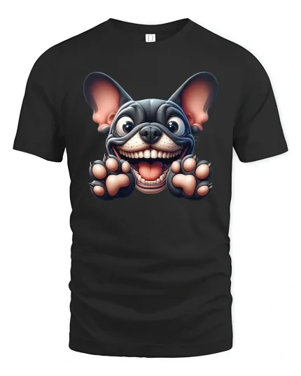 Happy French Bulldog Funny Face Cute Graphic Tee - black t-shirt on white background