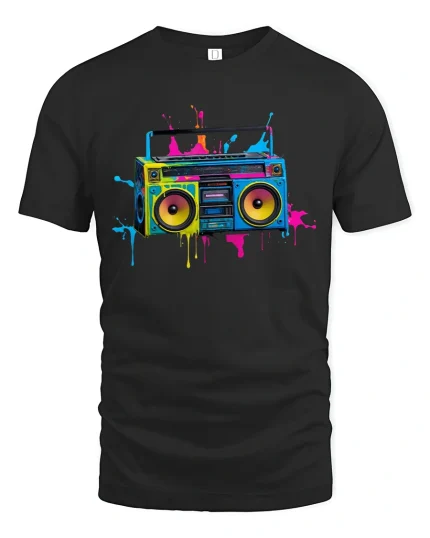 Retro Boombox Splash Art Vintage Music Lover Tee - black t-shirt on white background