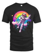 Astronaut Floating Rainbow Galaxy Dream Graphic Tee - black t-shirt on white background