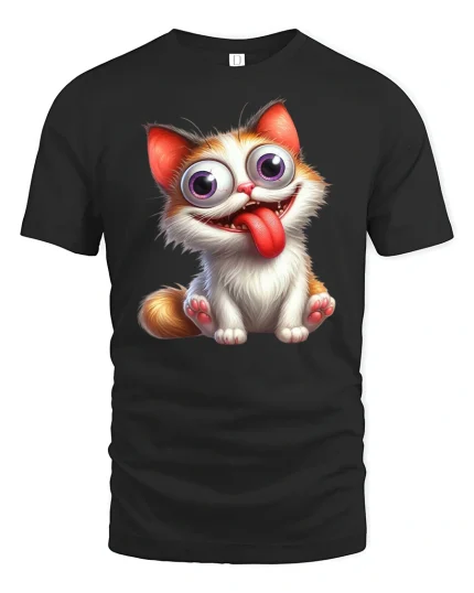 Crazy Big Eyed Funny Cat Graphic Cartoon Style Tee - black t-shirt on white background