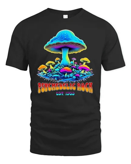 Psychedelic Rock Mushroom Vintage Trippy Graphic Tee - black t-shirt on white background
