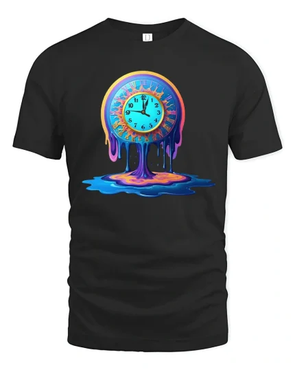 Melting Clock Surreal Art Color Splash Graphic Tee - black t-shirt on white background