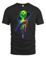 Neon Pickleball Paddle Splash Art Cool Sports Tee - black t-shirt on white background