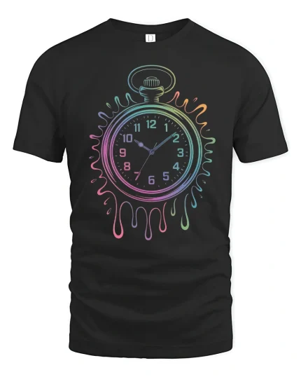 Melting Rainbow Pocket Watch Surreal Art Graphic Tee - black t-shirt on white background