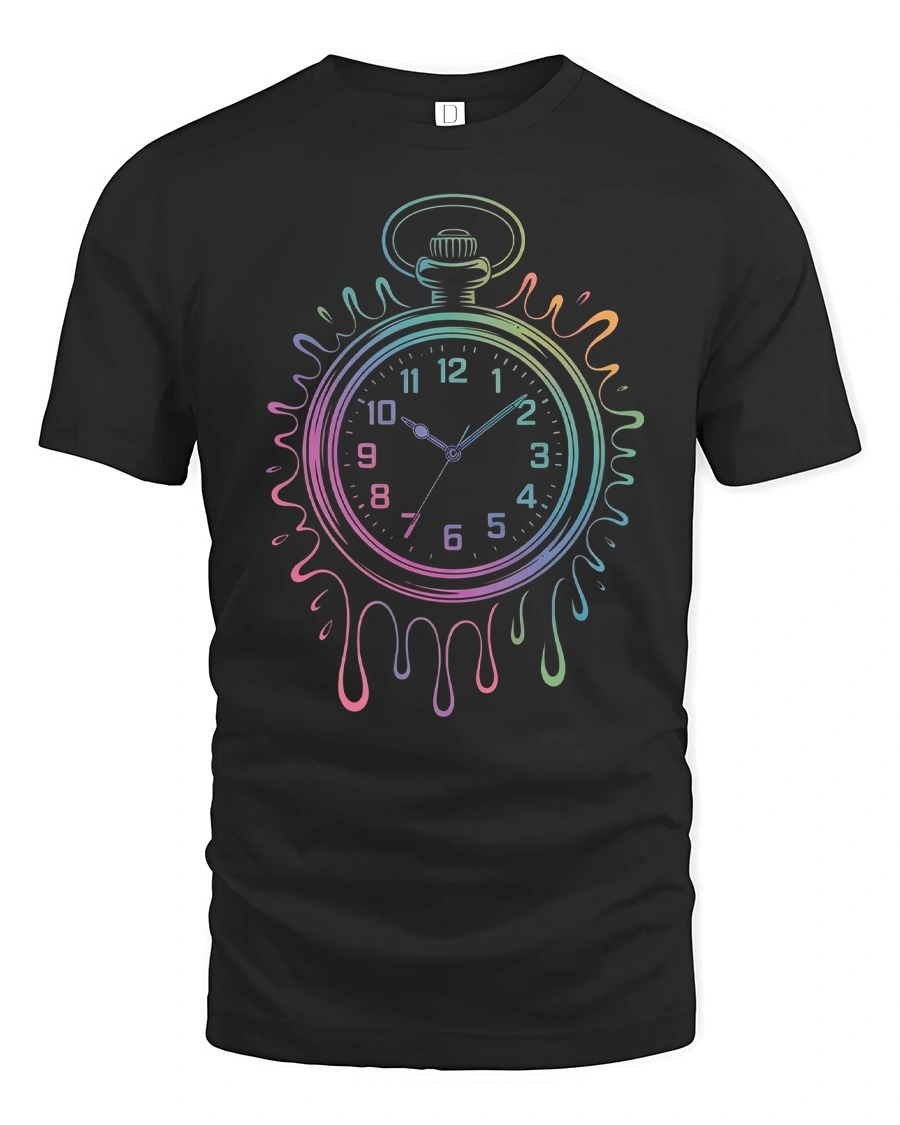 Melting Rainbow Pocket Watch Surreal Art Graphic Tee - 1 Melting Rainbow Pocket Watch Surreal Art Graphic Tee - black t-shirt on white background