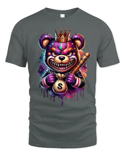 Gangster Bear King Money Bag Streetwear Graphic Tee - gray t-shirt on white background