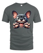 Happy French Bulldog Funny Face Cute Graphic Tee - gray t-shirt on white background