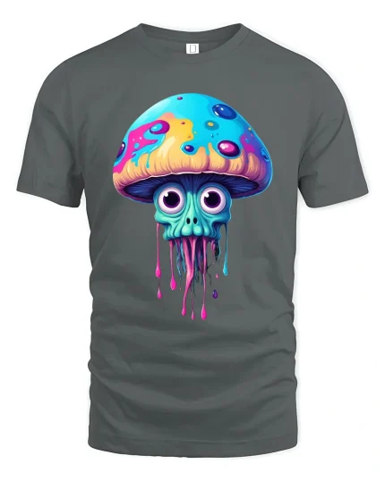 Trippy Dripping Mushroom Skull Art Psychedelic Tee - gray t-shirt on white background