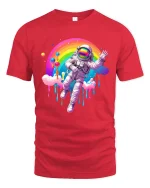 Astronaut Floating Rainbow Galaxy Dream Graphic Tee - red t-shirt on white background