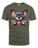 Happy French Bulldog Funny Face Cute Graphic Tee - military green t-shirt on white background