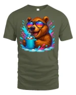 Chill Bear Coffee Lover Funny Morning Mood Tee - military green t-shirt on white background