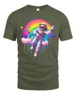 Astronaut Floating Rainbow Galaxy Dream Graphic Tee - military green t-shirt on white background
