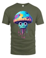 Trippy Dripping Mushroom Skull Art Psychedelic Tee - military green t-shirt on white background