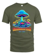 Psychedelic Rock Mushroom Vintage Trippy Graphic Tee - military green t-shirt on white background