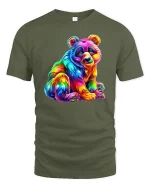 Rainbow Panda Colorful Art Cute Animal Graphic Tee - military green t-shirt on white background
