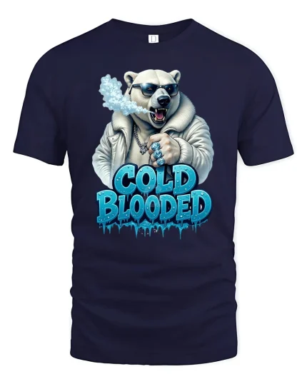 Cold Blooded Polar Bear Funny Cool Graphic Tee - navy t-shirt on white background
