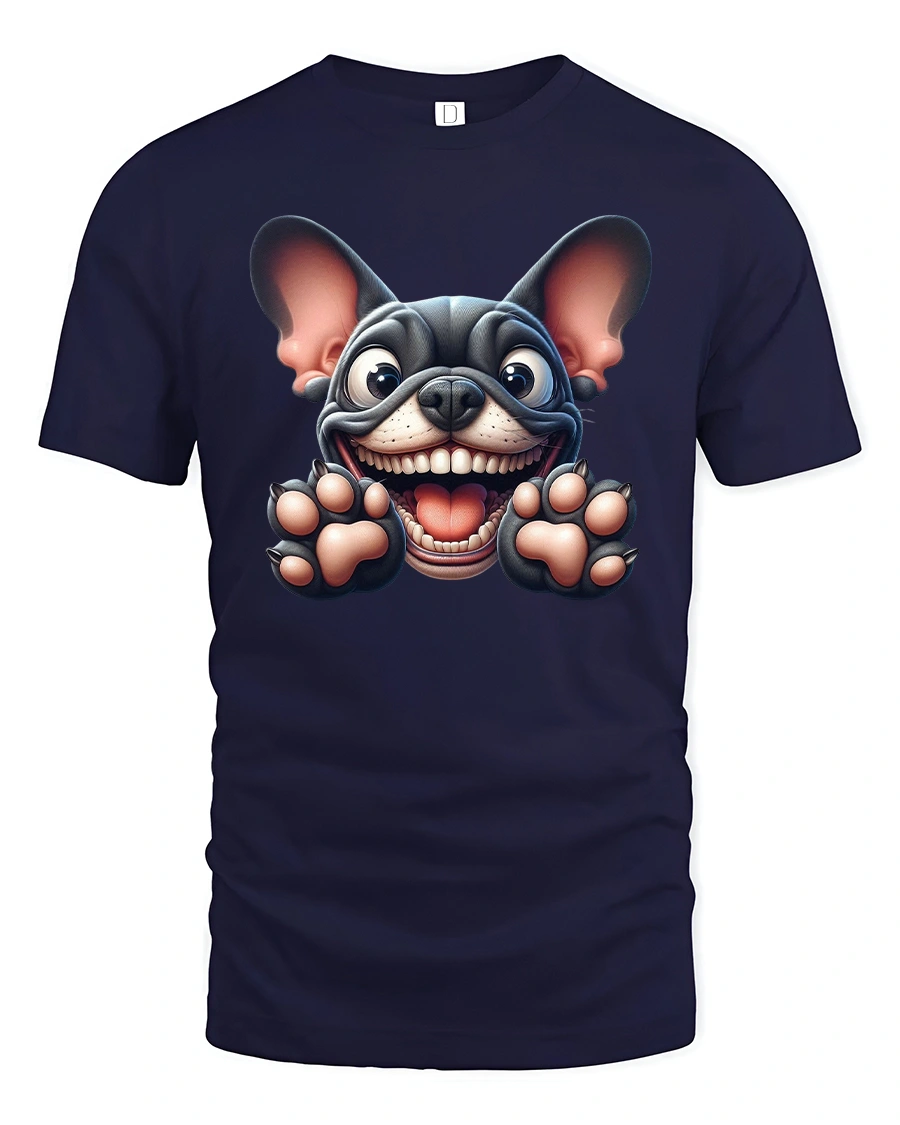 Happy French Bulldog Funny Face Cute Graphic Tee - 1 Happy French Bulldog Funny Face Cute Graphic Tee - navy t-shirt on white background