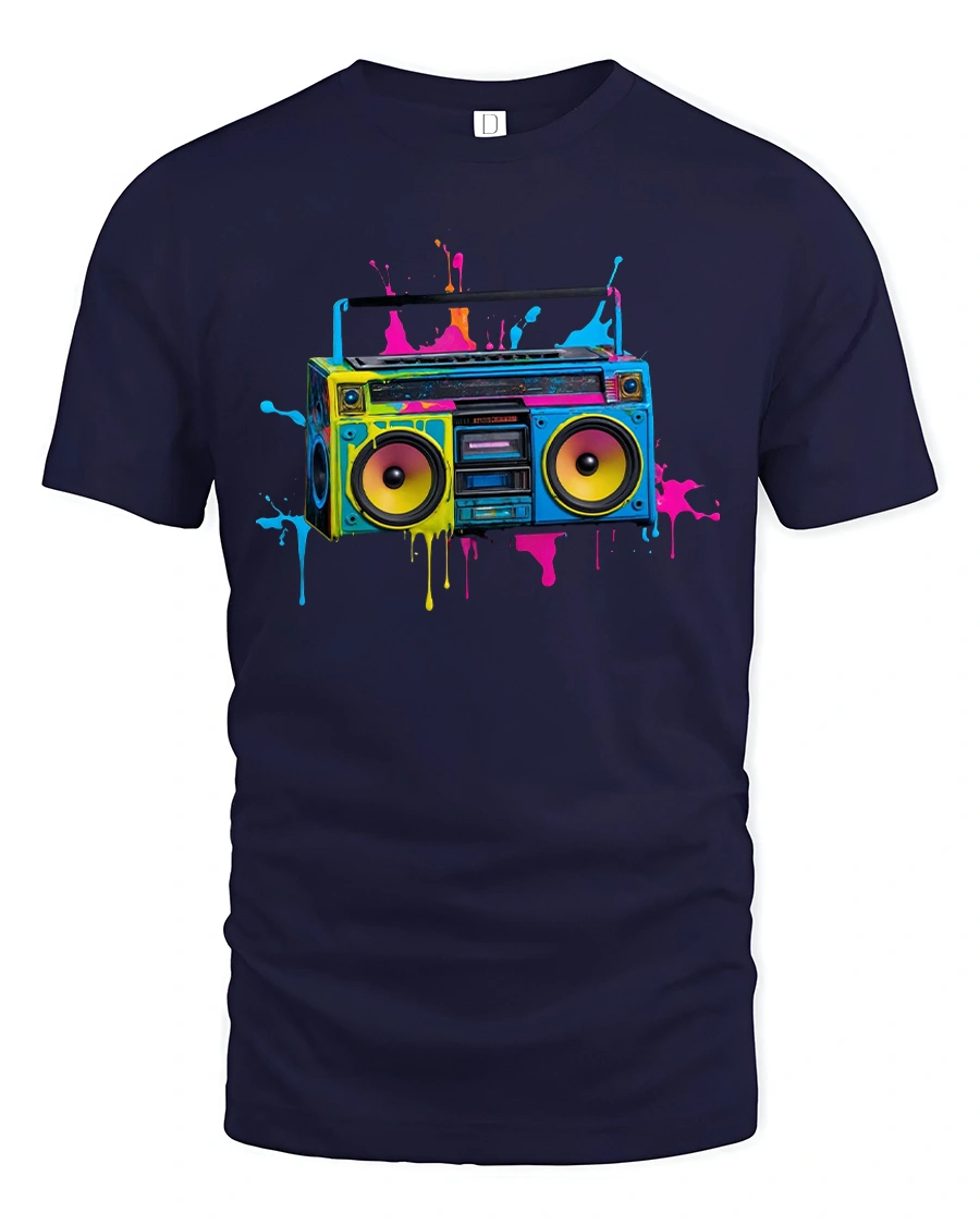 Retro Boombox Splash Art Vintage Music Lover Tee - 1 Retro Boombox Splash Art Vintage Music Lover Tee - navy t-shirt on white background