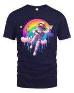 Astronaut Floating Rainbow Galaxy Dream Graphic Tee - navy t-shirt on white background