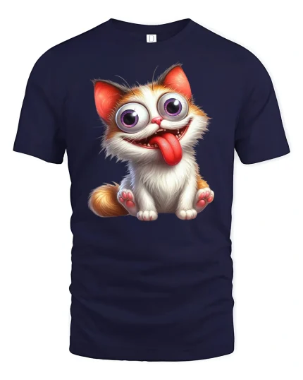 Crazy Big Eyed Funny Cat Graphic Cartoon Style Tee - navy t-shirt on white background