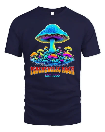 Psychedelic Rock Mushroom Vintage Trippy Graphic Tee - navy t-shirt on white background
