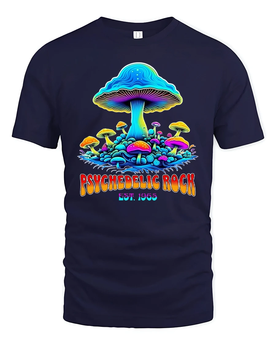 Psychedelic Rock Mushroom Vintage Trippy Graphic Tee - 1 Psychedelic Rock Mushroom Vintage Trippy Graphic Tee - navy t-shirt on white background