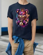 Gangster Bear King Money Bag Streetwear Graphic Tee - model wearing navy tee with hands in pockets