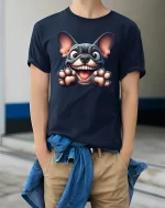 Happy French Bulldog Funny Face Cute Graphic Tee - model wearing navy tee with hands in pockets