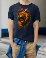 Roaring Lion King Wild Power Animal Graphic Tee - model wearing navy tee with hands in pockets