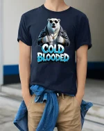 Cold Blooded Polar Bear Cool Attitude Graphic Tee - model wearing navy tee with hands in pockets