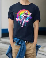 Astronaut Floating Rainbow Galaxy Dream Graphic Tee - model wearing navy tee with hands in pockets