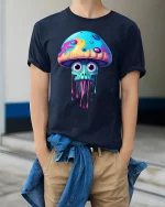 Trippy Dripping Mushroom Skull Art Psychedelic Tee - model wearing navy tee with hands in pockets