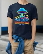 Psychedelic Rock Mushroom Vintage Trippy Graphic Tee - model wearing navy tee with hands in pockets