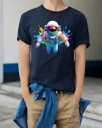 Color Splash Astronaut Space Art Cool Graphic Tee - model wearing navy tee with hands in pockets