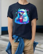 Cool Polar Bear Coffee Lover Funny Winter Graphic Tee - model wearing navy tee with hands in pockets
