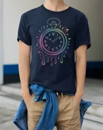 Melting Rainbow Pocket Watch Surreal Art Graphic Tee - model wearing navy tee with hands in pockets