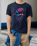 Melting Football Color Splash Art Cool Graphic Tee - model wearing navy tee with hands in pockets