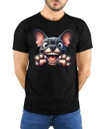 Happy French Bulldog Funny Face Cute Graphic Tee - model wearing black tee with hands behind back