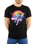 Astronaut Floating Rainbow Galaxy Dream Graphic Tee - model wearing black tee with hands behind back