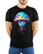 Trippy Dripping Mushroom Skull Art Psychedelic Tee - model wearing black tee with hands behind back
