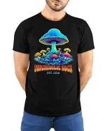 Psychedelic Rock Mushroom Vintage Trippy Graphic Tee - model wearing black tee with hands behind back