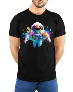 Color Splash Astronaut Space Art Cool Graphic Tee - model wearing black tee with hands behind back