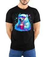 Cool Polar Bear Coffee Lover Funny Winter Graphic Tee - model wearing black tee with hands behind back
