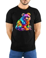 Rainbow Panda Colorful Art Cute Animal Graphic Tee - model wearing black tee with hands behind back