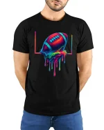 Melting Football Color Splash Art Cool Graphic Tee - model wearing black tee with hands behind back