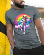 Astronaut Floating Rainbow Galaxy Dream Graphic Tee - model wearing grey tee, leaning on column