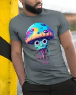 Trippy Dripping Mushroom Skull Art Psychedelic Tee - model wearing grey tee, leaning on column