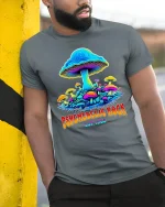 Psychedelic Rock Mushroom Vintage Trippy Graphic Tee - model wearing grey tee, leaning on column