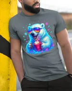 Cool Polar Bear Coffee Lover Funny Winter Graphic Tee - model wearing grey tee, leaning on column
